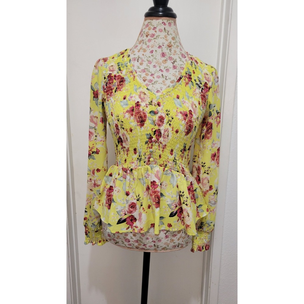 Carolina Belle Women Y2K Garden Yellow Floral Smocked Peplum Long Sleeve Top XS